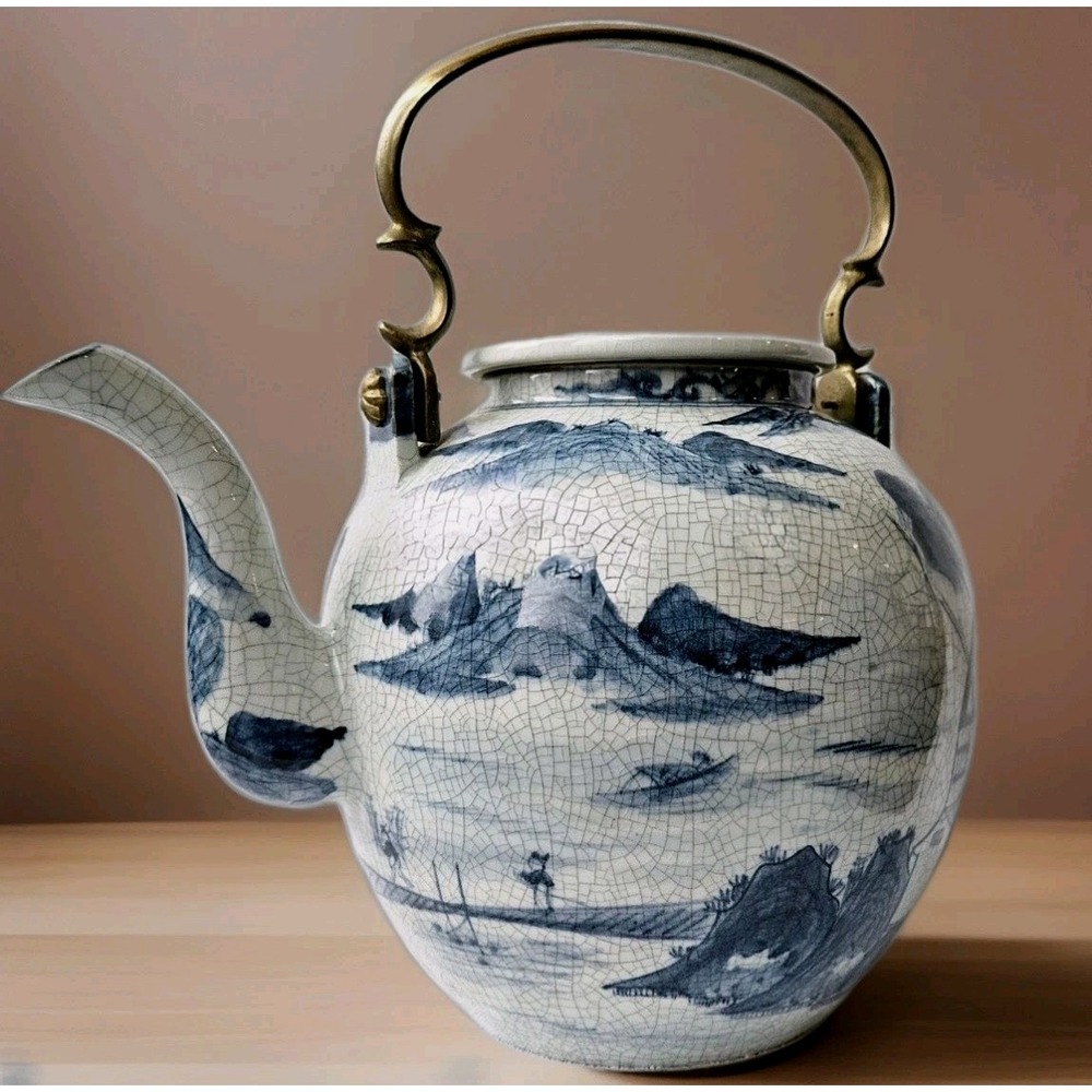 Maitland‑Smith Blue White Crackle Glaze Teapot Brass Handle  Large Chinoiserie